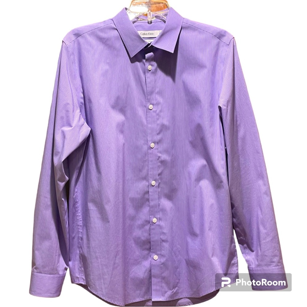 Calvin Klein Mens Medium Long Sleeve Shirt Purple Collar Button Up Non Iron